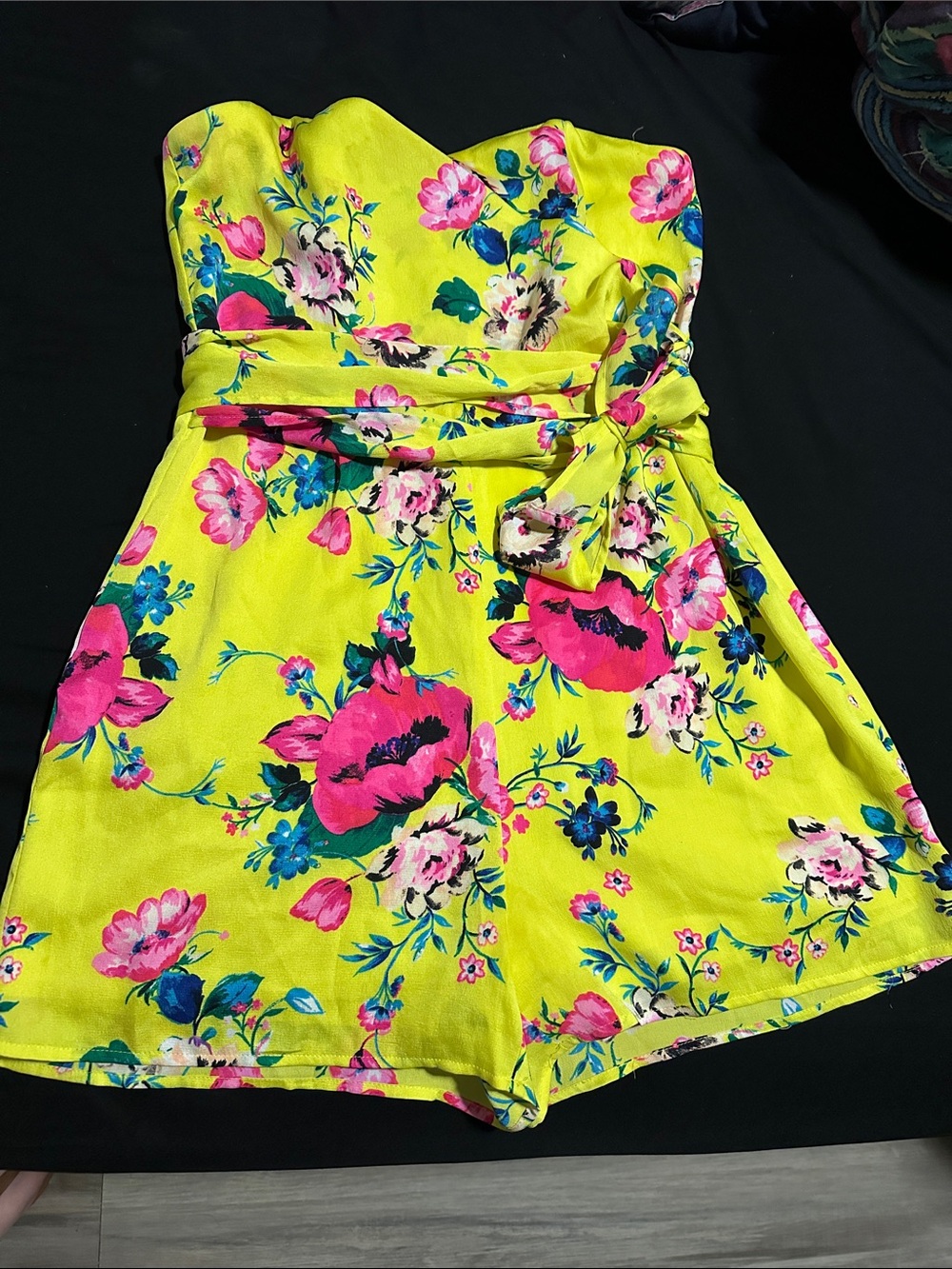 Express Bright Yellow Satin Dress with Branded Neckline